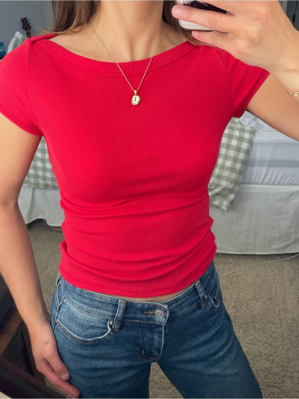 Classic Red Boatneck Ribbed Tee